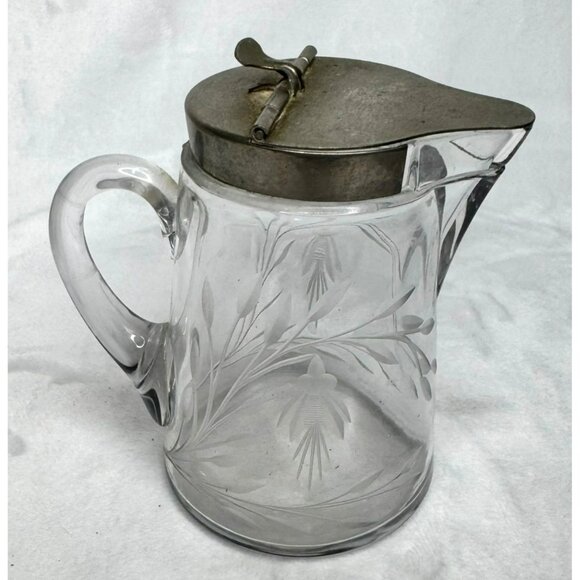 Vintage Glass Syrup Pitcher With Hinged Lid & Etched Floral Design - Picture 1 of 8